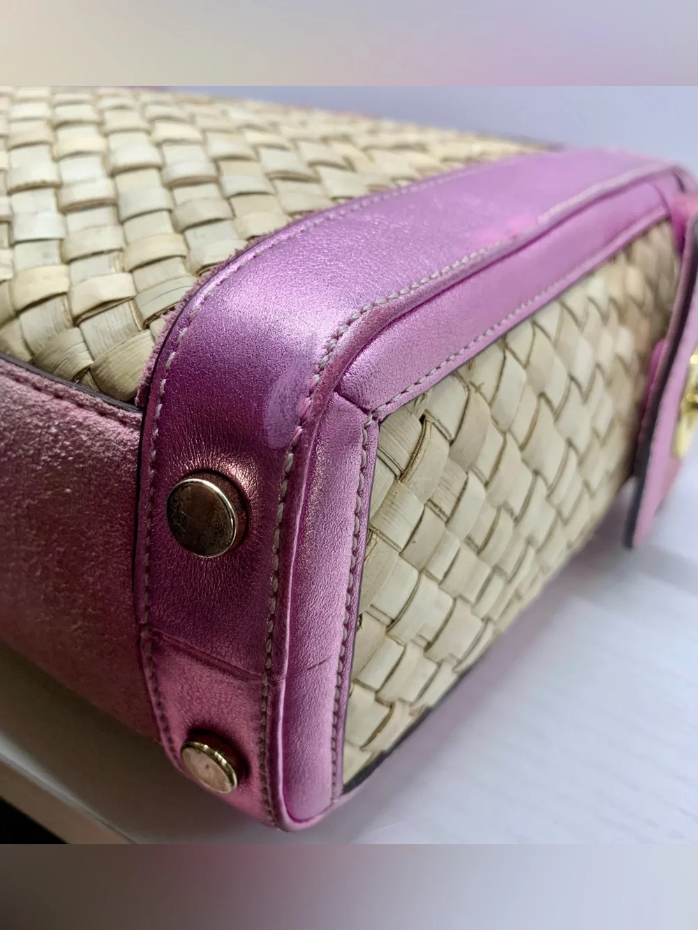 Coach Vintage 2004 Hamptons Pink Metallic Leather, Suede & Straw Tote,